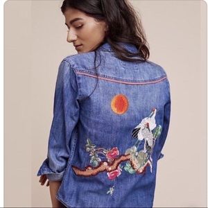 EUC Holding Horses Denim Embroidered Button-Up Top